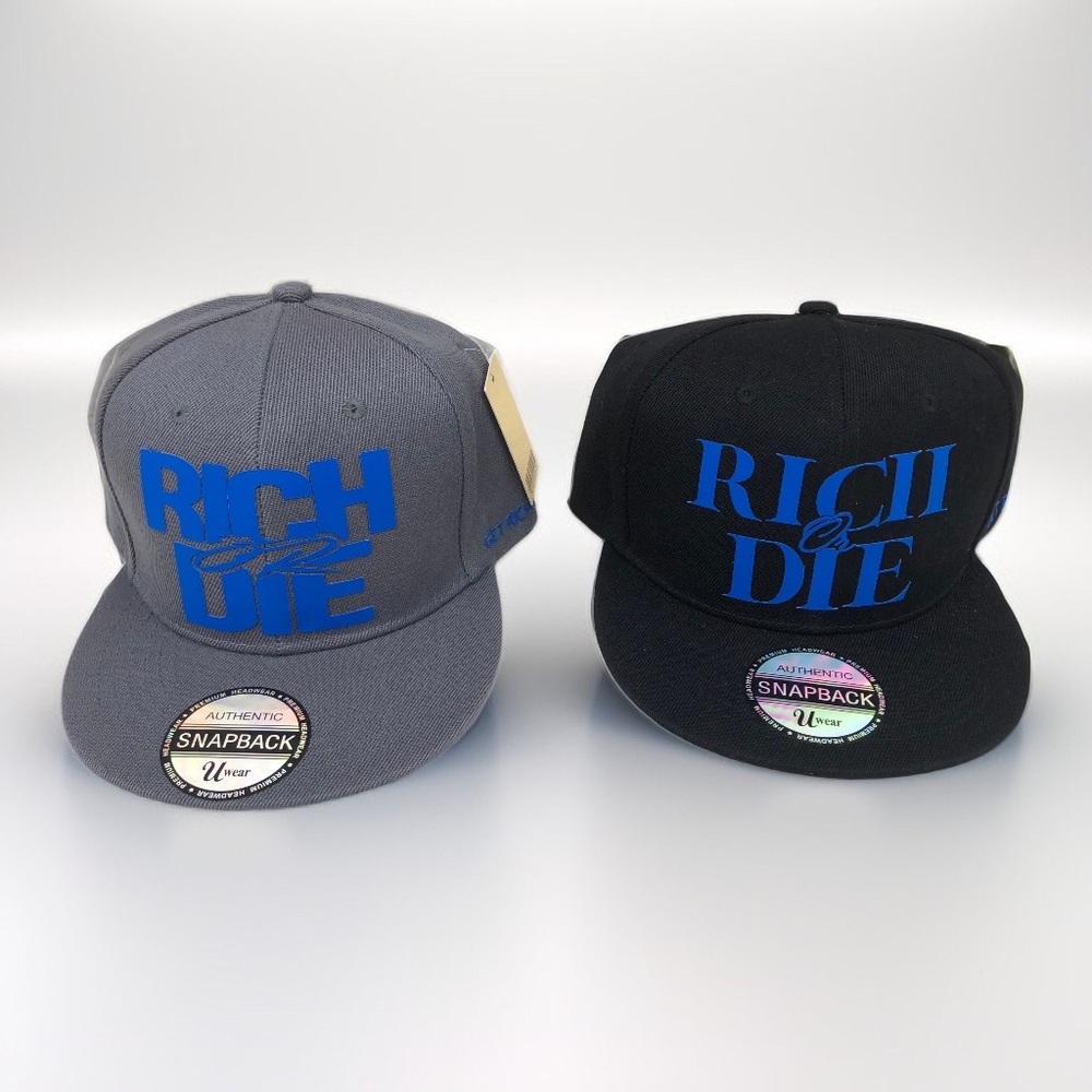 2 Rich or Die Blue Logo Snapback Hat - Gray & Black